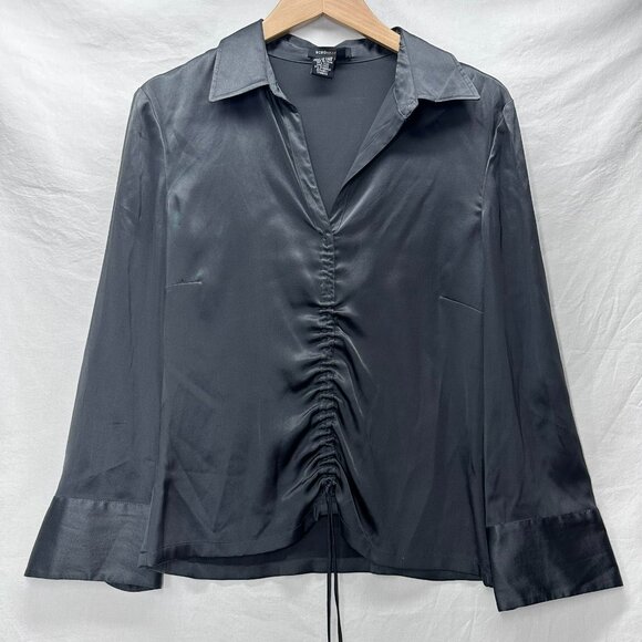 BCBG Max Azria Gray Blouse 95% Silk V-Neck Ruched Drawstring Long Sleeve  Size S - Picture 1 of 5